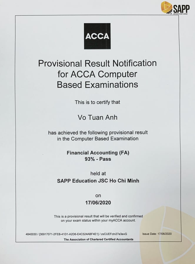 Học viên SAPP Academy đỗ môn FA/F3 ACCA