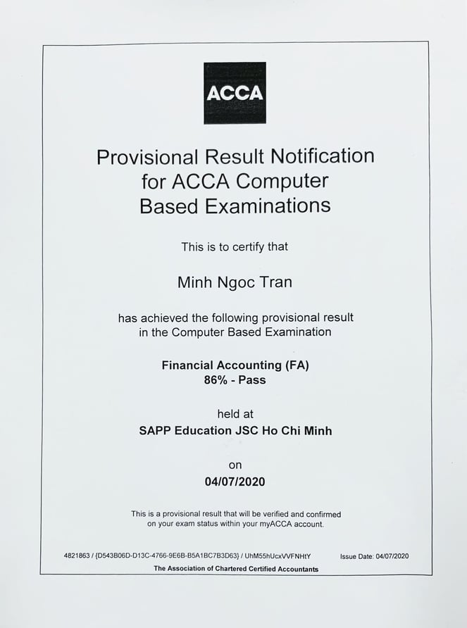 Trần Minh Ngọc - học viên SAPP Academy đạt điểm cao FA/F3 ACCA